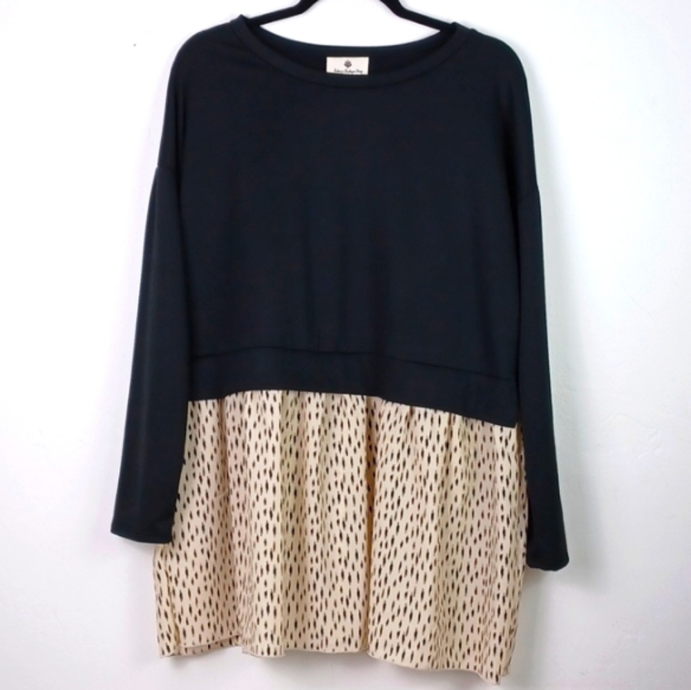 BETSEY'S BOUTIQUE UNIQUE BLACK WITH CREAM GRAPHIC SKATER SKIRT DRESS TOP  SZ L